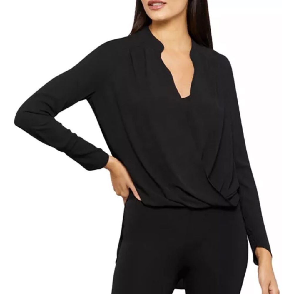 BCBGMAXAZRIA Jaklyn black drape front blouse size S
